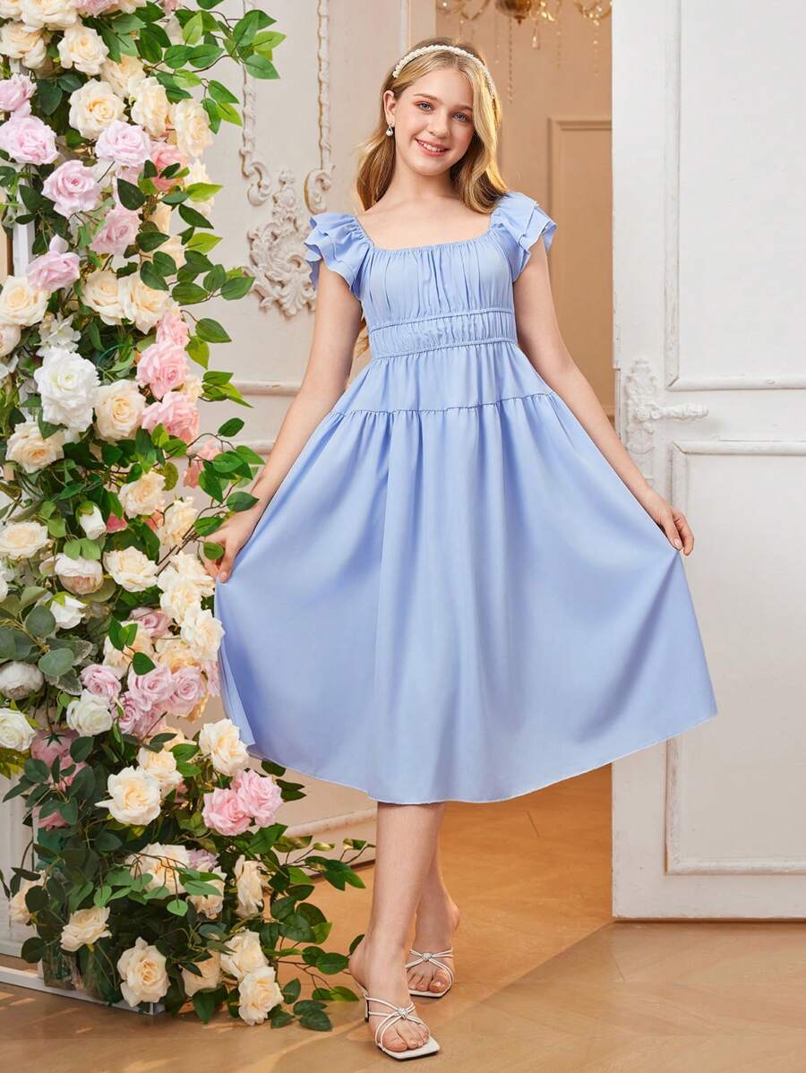 1pc Teen Girls' Square Neck Double Layered Ruffle Sleeve Midi Dress, Elegant Casual Sundress For Summer - Blue - View 1