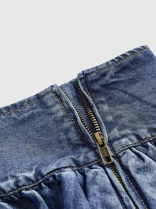 ROMWE Grunge Punk 蓝色复古 Y2K 千禧风格超低腰极度性感双层荷叶边下摆迷你牛仔裙