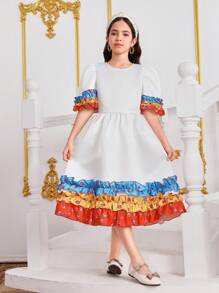 Tween Girl Plain Color Block Round Neck Short Sleeve Casual Dress - Multicolor - View 4