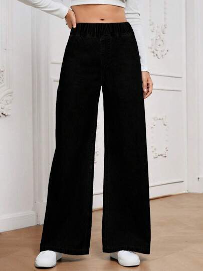 EMERY ROSE Women's Casual All-Match High Waist Wide Leg Loose Woven Denim Pants, Versatile For All Seasons