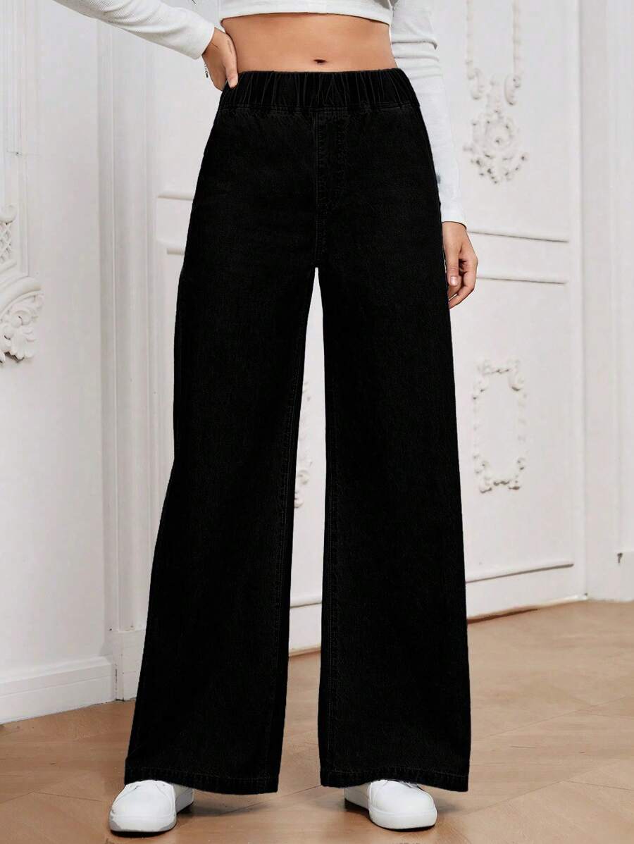 EMERY ROSE Women's Casual All-Match High Waist Wide Leg Loose Woven Denim Pants, Versatile For All Seasons - Black - View 1