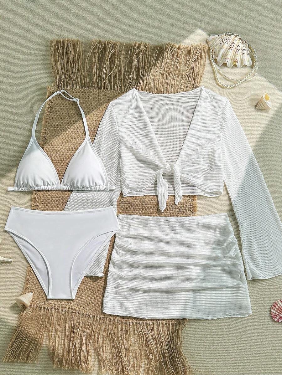 SHEIN 少女 4 件套：白色罩衫裙 + 比基尼，适合海滩度假