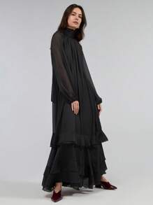 Ontre Stockholm Style, Teacher Outfits For Women,Fall Women Clothes,Women's Spring 2025 New Arrivals Valentine's Day Angora Red Ruffle Tie Waist Dress With Puff Sleeves, Long Sleeve Dress With Oversized Dress And Tie Back Ruffle Decor - Black - View 5