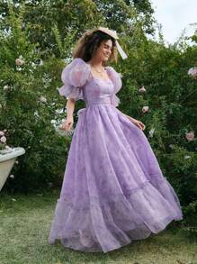 SHEIN MOD Women's Purple Tie-Dye Puff Sleeve Bow Dress, Tropical Resort Style Women's Wear, Spring/Summer Women's Wear, Beachwear, Resort Wear, Carnival Wear, 90s Style Clothing, Bridal Gown, Elegant Wedding Dress, Classic Dress, Sundress, Resort Dress, Women's Formal Dress/Party Dress - Multicolor - View 4