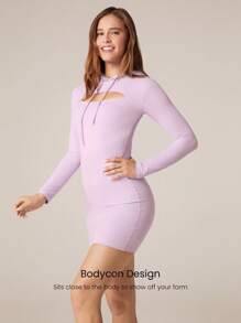 GLOWMODE Vestido casual deportivo de manga larga con cuello, unicolor, ajustado y de largo mini para mujer