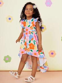 SHEIN CutesyCutie Young Girl's Woven Ditsy Floral Round Neck Ruffle Hem Fitted Dress