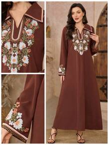 Al Najma 女式 V 领刺绣长袖连衣裙，简约风格，朴素的卡夫坦 - 咖啡棕 - 查看 1