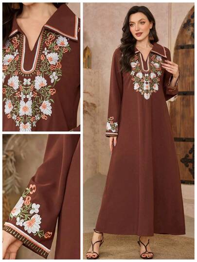 Al Najma 女式 V 领刺绣长袖连衣裙，简约风格，朴素的卡夫坦