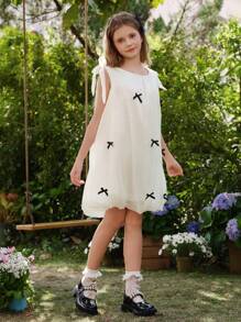 SHEIN Tween Girl 休闲优雅可爱欧根纱气球裙，无袖系带白色连衣裙，蝴蝶结装饰，适合春季、夏季、秋季、户外、学校、度假 - 白色 - 查看 6