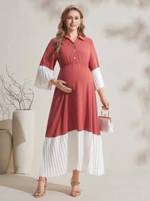 SHEIN Mixed Color Patchwork Ruched Hem Maternity Dress, Spring/Summer New Arrival