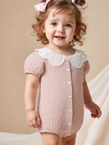 SHEIN 1pc Baby Girls Short Sleeve Lapel Button Down Romper, Casual Versatile Cute Daily Outfit, Summer New Arrival - Apricot - View 1