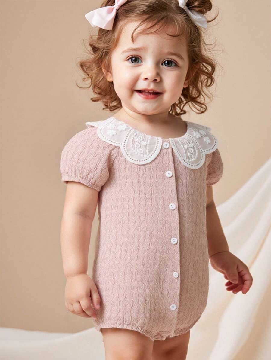 SHEIN 1pc Baby Girls Short Sleeve Lapel Button Down Romper, Casual Versatile Cute Daily Outfit, Summer New Arrival - Apricot - View 1
