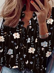 SHEIN LUNE Women's Summer Casual Country Western Ruffle Collar Lantern Sleeve Pattern Print Long Sleeve Blouse - Black - View 4