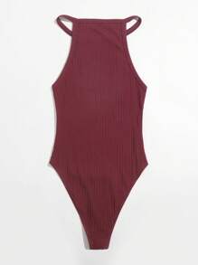 SHEIN EZwear Women's Solid Color Rib-Knit Halter Bodysuit - Maroon - View 2