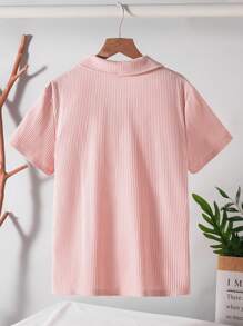 SHEIN Leap Crew Tween 男童休闲韩版简约纹理 Polo 领短袖上衣，适合通勤、上学、日常休闲装、运动、春夏 - 粉色 - 查看 2