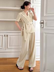 DAZY Solid Color Loose Short Sleeve Belted Suit Pants Women 2 Pieces Set Business Attire - Apricot - View 3