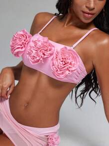 SHEIN Swim Event Springbreak Crop Top, New Floral 3D Detachable Strap Bodycon Beach Strapless Bikini Top, Casual Holiday Music Festival Beach Vacation Swimwear For Women - Pink - View 3