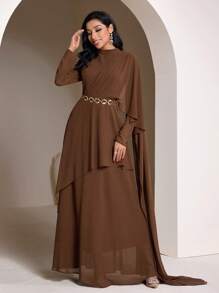 Veilorie Women's Solid Color Long Sleeve Ruffle Trim Pleated Elegant Dress Modest - Coffee - View 1