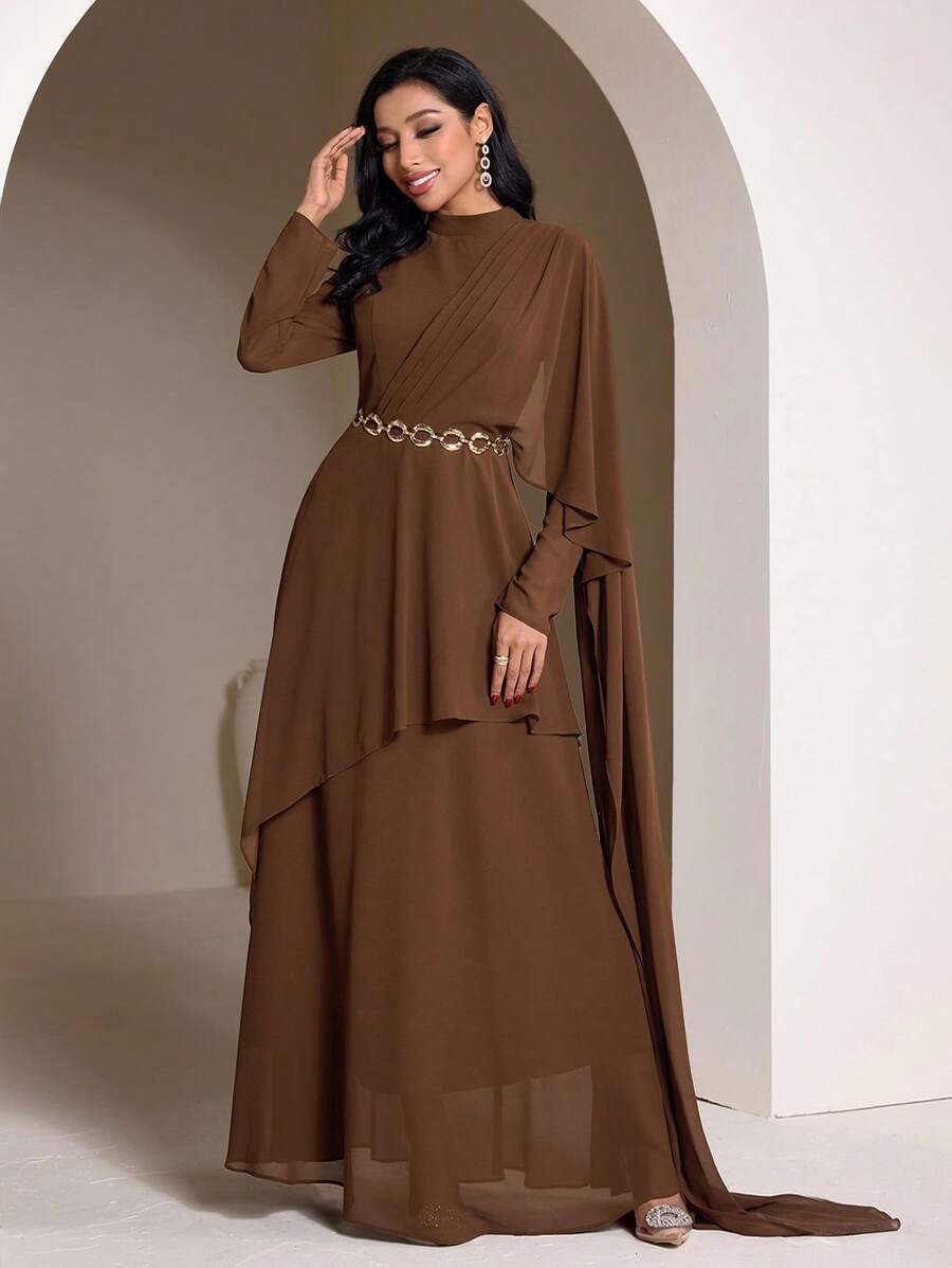 Veilorie Women's Solid Color Long Sleeve Ruffle Trim Pleated Elegant Dress Modest - Coffee - View 1