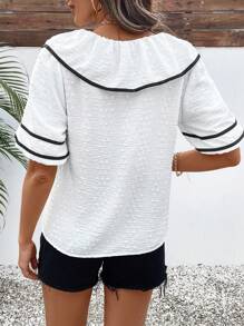 SHEIN LUNE Áo thun thường ngày rộng rãi họa tiết ruy băng màu tương phản thời trang nữ - Màu be - Xem 2