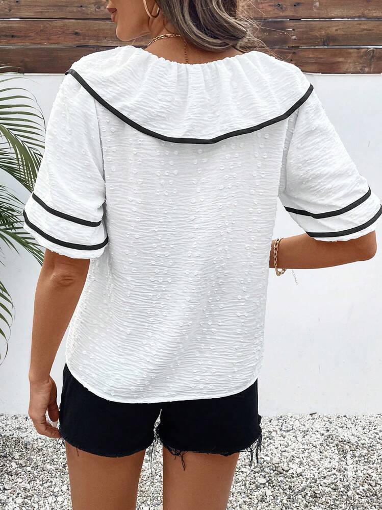 SHEIN LUNE Áo thun thường ngày rộng rãi họa tiết ruy băng màu tương phản thời trang nữ - Màu be - Xem 2