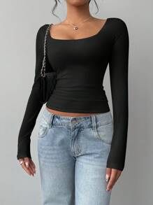 SHEIN BASICS Women's Casual Solid Color Knitted Fitted Long Sleeve Crew Neck Regular T-Shirt Playera Manga Larga Damawhite Top Long Sleevebasic Long Sleeve Tops - Black - View 7