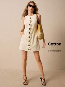 Poéselle Chic Button Down Scalloped Edge A-Line Apricot Mini Dress - Perfect For Casual Outings, Summer Parties And Easy Everyday Style,Yellow Women Dresses ,Business Casual Woman - Apricot - View 5