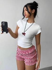 Aloruh 女士红白格子荷叶边休闲短裤，甜美乡村度假风格，春夏