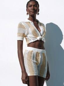 SHEIN Swim Conjunto de kimono con mangas cortas y diseño hueco, y shorts, en colores contrastantes, para vacaciones de verano y playa