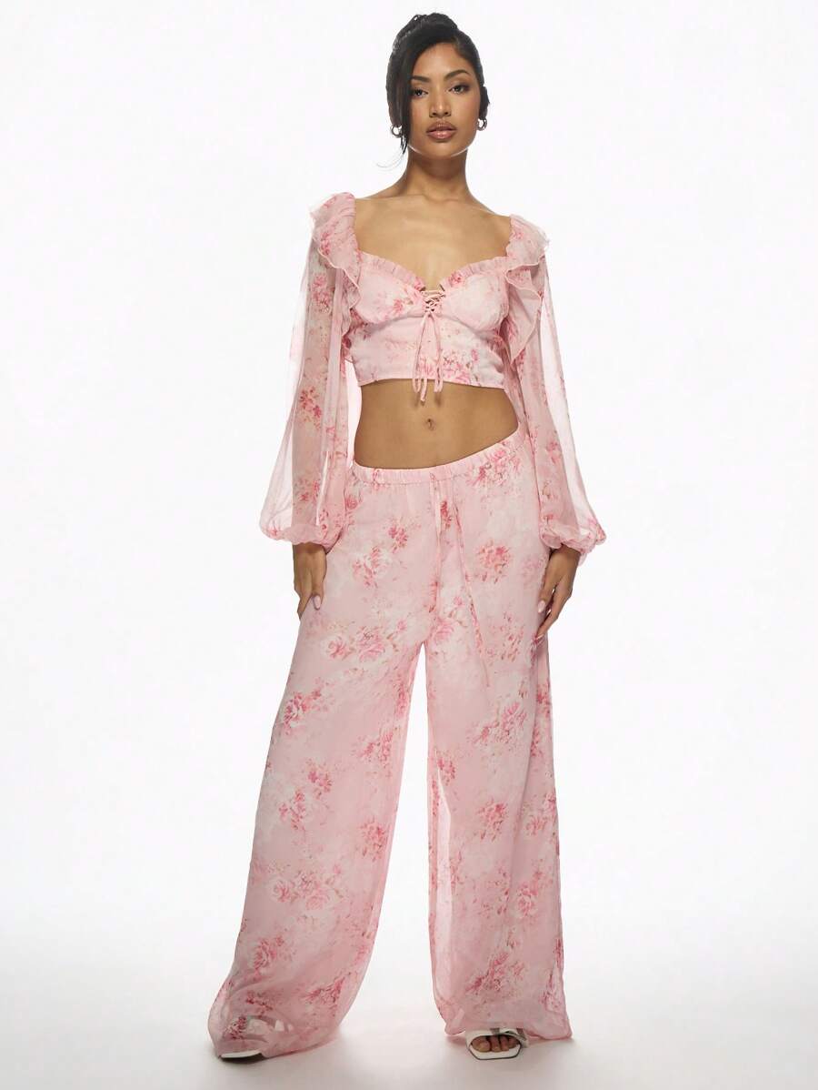 MISSGUIDED 花柄シフォンツーピースフリルクロップトップとパラッツォ