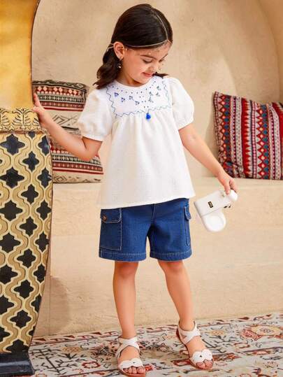 SHEIN 2pcs/Set Young Girl Floral Pattern Round Neck Short Puff Sleeve Top And Shorts