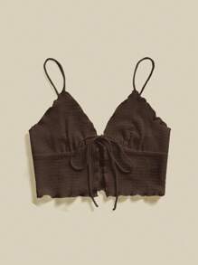 SHEIN Essnce 女士纯色前系带短款吊带背心，适合度假 - 咖啡棕 - 查看 3