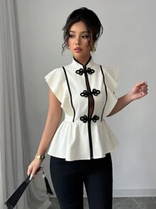 Chiquease Camisa con botones y cuello mao con volantes y contraste de color - Albaricoque - Ver 4