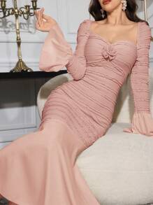 Modelyn Vestido elegante de cola de pez texturizado de parches de longitud maxi para mujer - Rosa - Ver 8