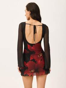 Poéselle Women Long Sleeve Floral Print Slim Fit Short Dress,Sexy Sheer Sleeve Floral Dress - A Must-Have For Summer Parties, Old Money Aesthetic