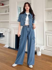 DAZY 女士休闲宽松口袋衬衫和阔腿牛仔裤两件套 - 中等水洗藍 - 查看 6