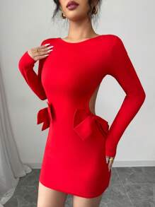 SHEIN Unity 女士性感紧身度假迷你连衣裙，带蝴蝶结细节，红色 - 紅色 - 查看 7