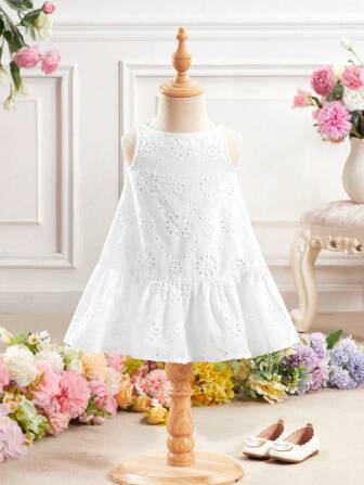 Babygirl 可爱白色花卉图案无袖连衣裙，夏季