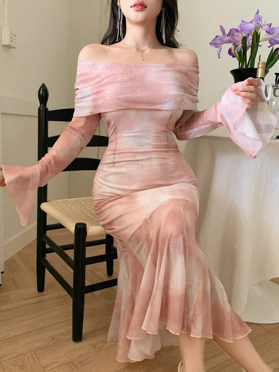 DAZY 女士花卉印花喇叭袖鱼尾中长连衣裙优雅、荷叶边、秋季连衣裙长袖连衣裙 - 粉色 - 查看 1