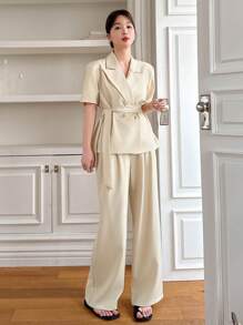 DAZY Solid Color Loose Short Sleeve Belted Suit Pants Women 2 Pieces Set Business Attire - Apricot - View 5