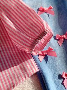 SHEIN Baby Girls Spring/Summer Striped Long Sleeve Shirt & Bow Decor Long Pants 2 Pieces Set - Pink - View 6