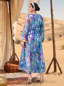 Al Najma 女式印花拼布 V 领长袖简约阿拉伯风格连衣裙 - 藍色 - 查看 3