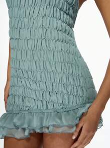 MISSGUIDED Đầm mini ôm sát dáng suông, xếp ly, viền bèo nhún, bất đối xứng, dự tiệc tối, mùa hè, cổ yếm, ôm dáng, thích hợp cho các dịp đặc biệt, đi chơi đêm. - Màu xanh lam - Xem 7