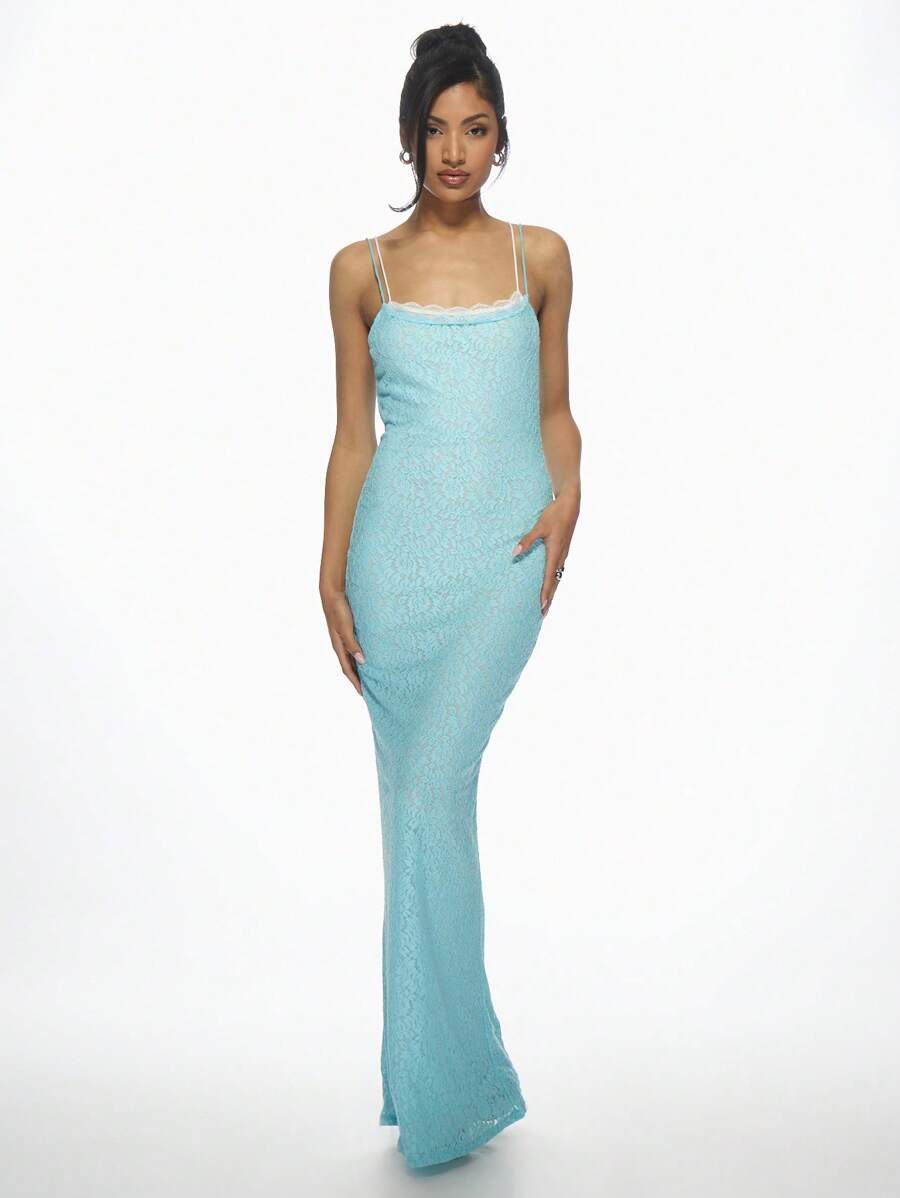 MISSGUIDED Elegant Double Layer Lace Bodycon Maxi Dress With Scalloped Trim Perfect , Evening Parties Proms Occasions Formal Events Summer Wedding Guest Dress - Blue - View 1