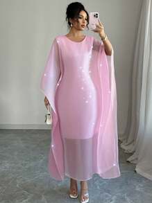 Elenzga Women's Solid Color Round Neck Batwing Sleeve Elegant Mid-Length Dress - Pink - View 1