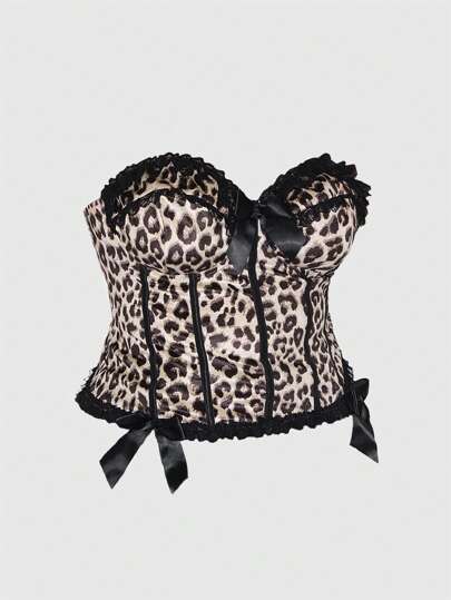 J-Fashion Women's Y2K Leopard Print Bowknot Decor Teddy Bear Crop Top