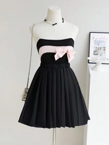 2pcs/Set Tween Girl Black & Pink Spaghetti Strap Camisole Ruffles & Bow Detail Paired With Black Pleated Skirt, Spring/Summer - Multicolor - View 10