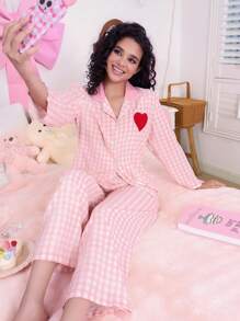 SweetSlumber Conjunto de pijama para mujer de 2 piezas a cuadros rosa y blanco con corazones
