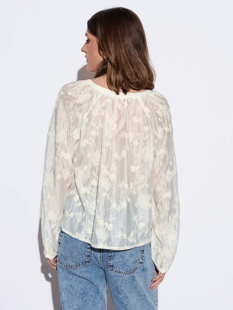 SHEIN Maija 2025 Summer New Cream Yellow Organza Embroidery Sheer V-Neck Lantern Sleeve Casual Blouse, Romantic Urban Resort Wear Suitable For Outdoor Gathering, Wedding, Graduation Party, Ladies Top