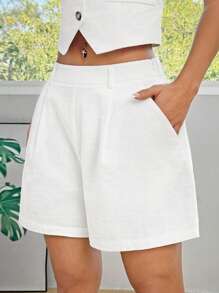 SHEIN EZwear 女式纯色口袋简约休闲长裤 - 白色 - 查看 3